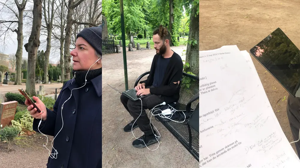 A collage of three images showing the team working in cemeteries. On the left, a woman wearing headphones holds a phone while listening; in the middle, a man sits on a bench typing on a laptop on his knees; on the right, a sheet of paper with a voice script and handwritten comments.