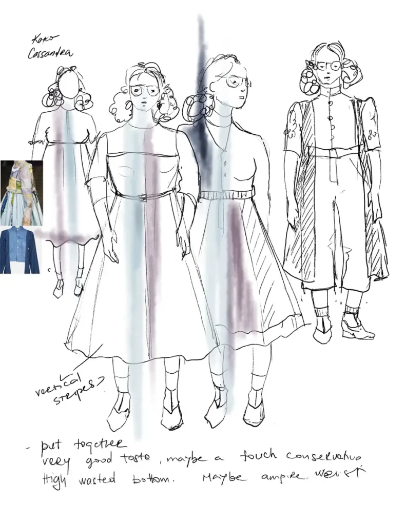 An image showing a pencil sketch of a girl&rsquo;s dress. The dress is blue and purple