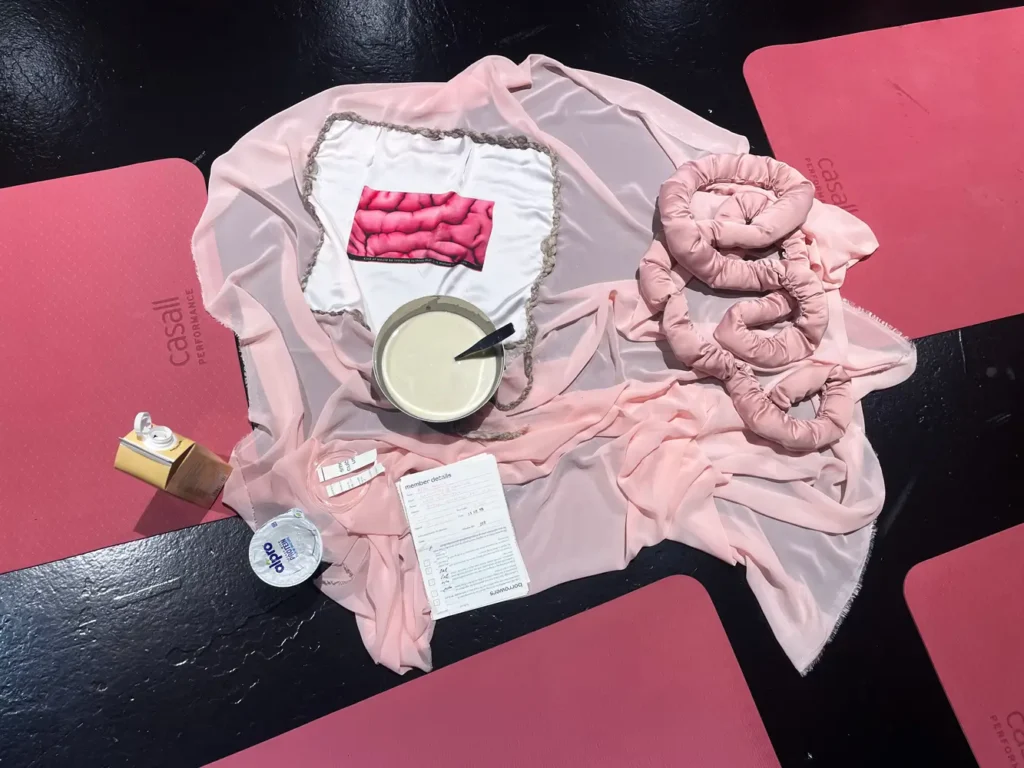 pink fabric with pink soft tubes and an image of intestines, in between pink yoga mats, with a bowl containing liquid, a yoghurt culture, some forms, and strips of paper